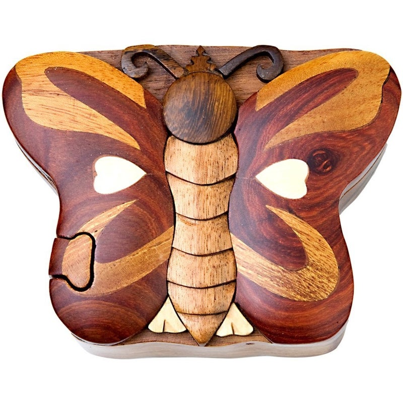 Butterfly Wooden Puzzle Box â€“ Handcrafted Secret Compartment Keepsake, Exotic Natural Hardwood, Unique Jewelry or Trinket Storage